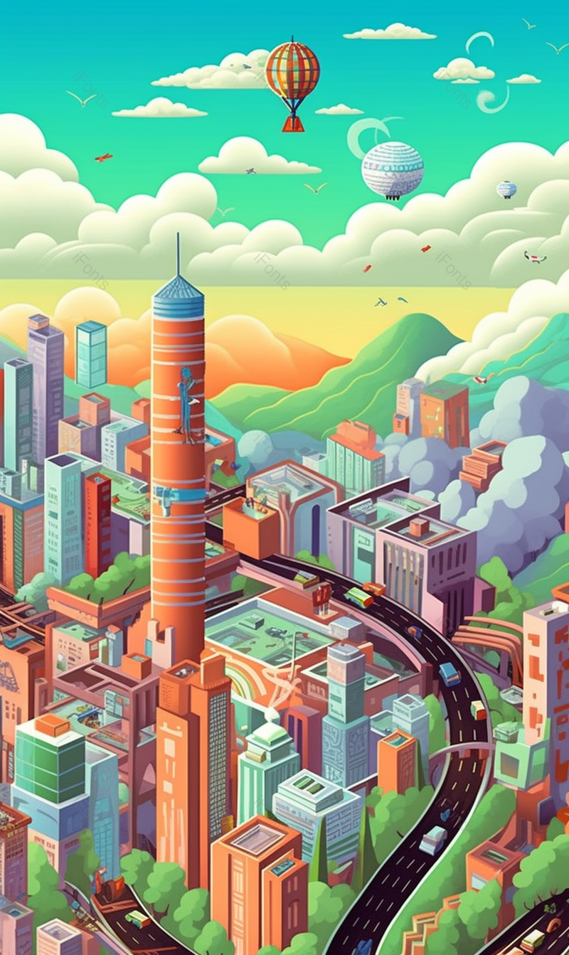 春天夏天热气球飞过高楼大厦城市都市马路上行驶的汽车插画背景,插画/手绘图,插画/手绘图库,插画/手绘图下载,插画/手绘